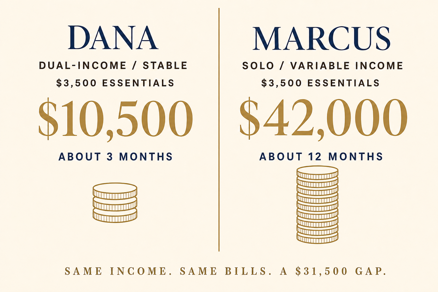 Dana needs about $10,500 (3 months); Marcus needs about $42,000 (12 months) — same income and bills, a $31,500 gap.