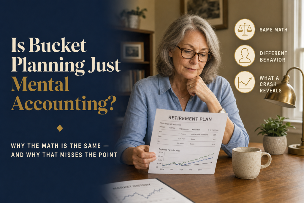 Title card reading Is Bucket Planning Just Mental Accounting beside a woman in her early 60s reviewing a one-page retirement plan at a sunlit desk