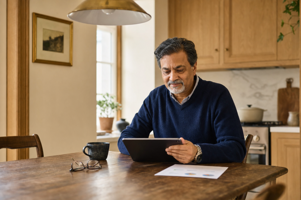 A calm South Asian man in his early 60s reviewing his investment accounts on a tablet at his kitchen table during a volatile market week