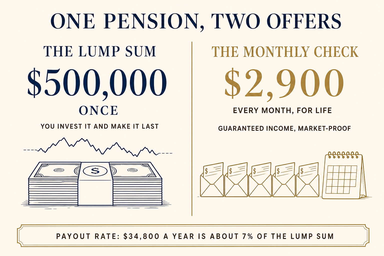 A pension comparison: a 500,000 dollar one-time lump sum you must invest and make last versus a guaranteed 2,900 dollar monthly check for life, a payout rate of about 7 percent