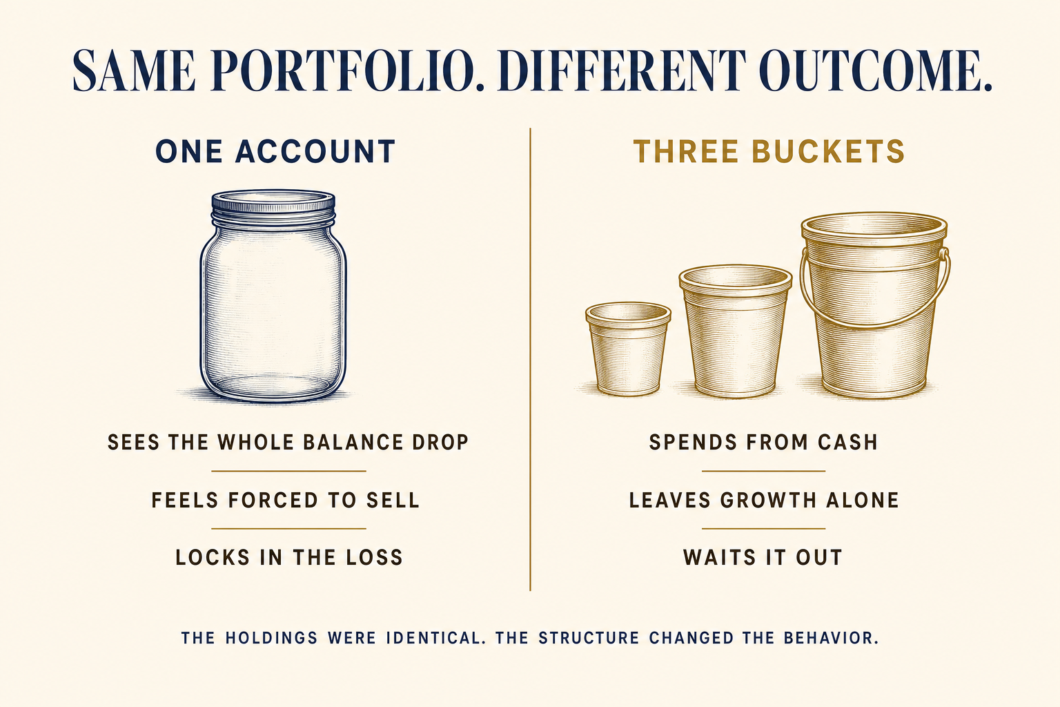 Comparison showing one account sees the whole balance drop and feels forced to sell while three buckets spend from cash and leave growth alone