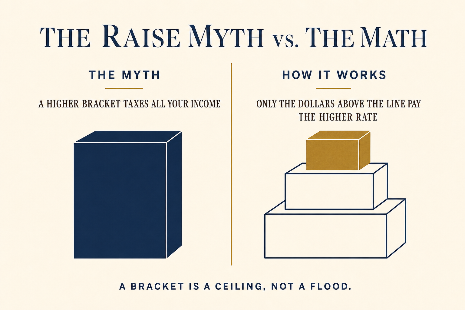 How Tax Brackets Actually Work — and the Raise Myth 2 Two-column comparison: the myth says a higher bracket taxes all your income; in reality only the dollars above the bracket line pay the higher rate
