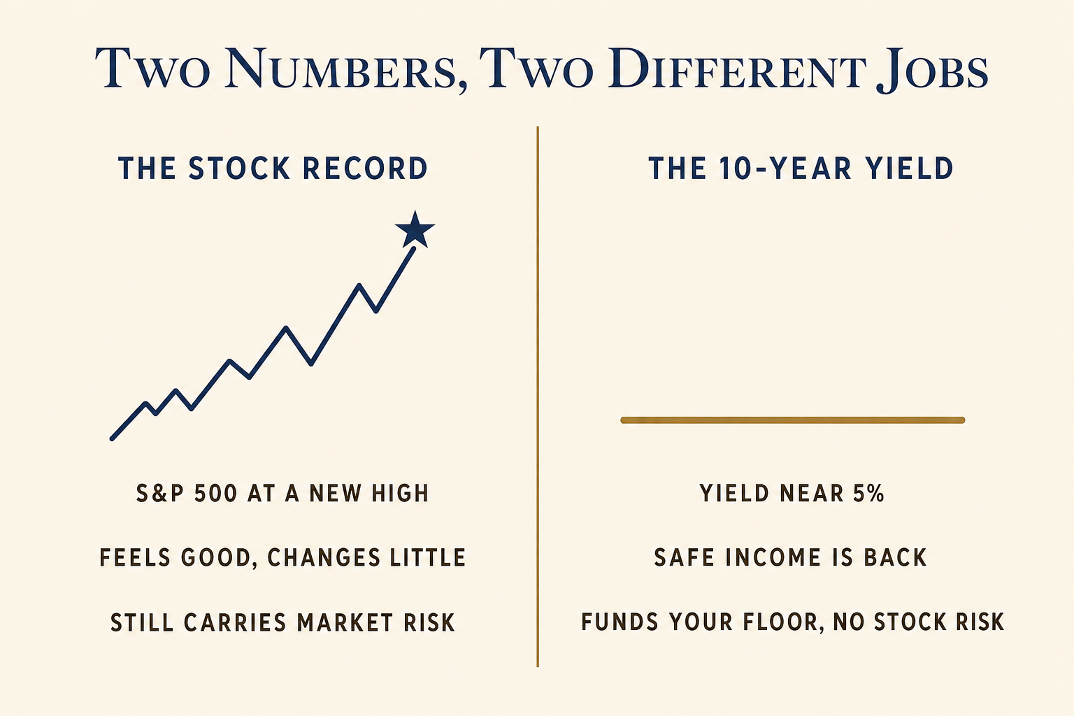Two-column comparison of the stock-market record versus the 10-year Treasury yield and what each means for a retiree income plan