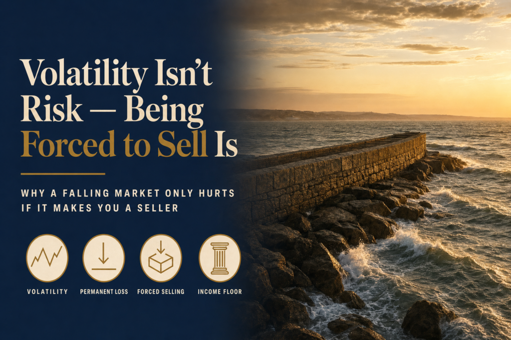 Title card: Volatility Isnt Risk, Being Forced to Sell Is, over a golden-hour coastline where waves meet a solid stone breakwater
