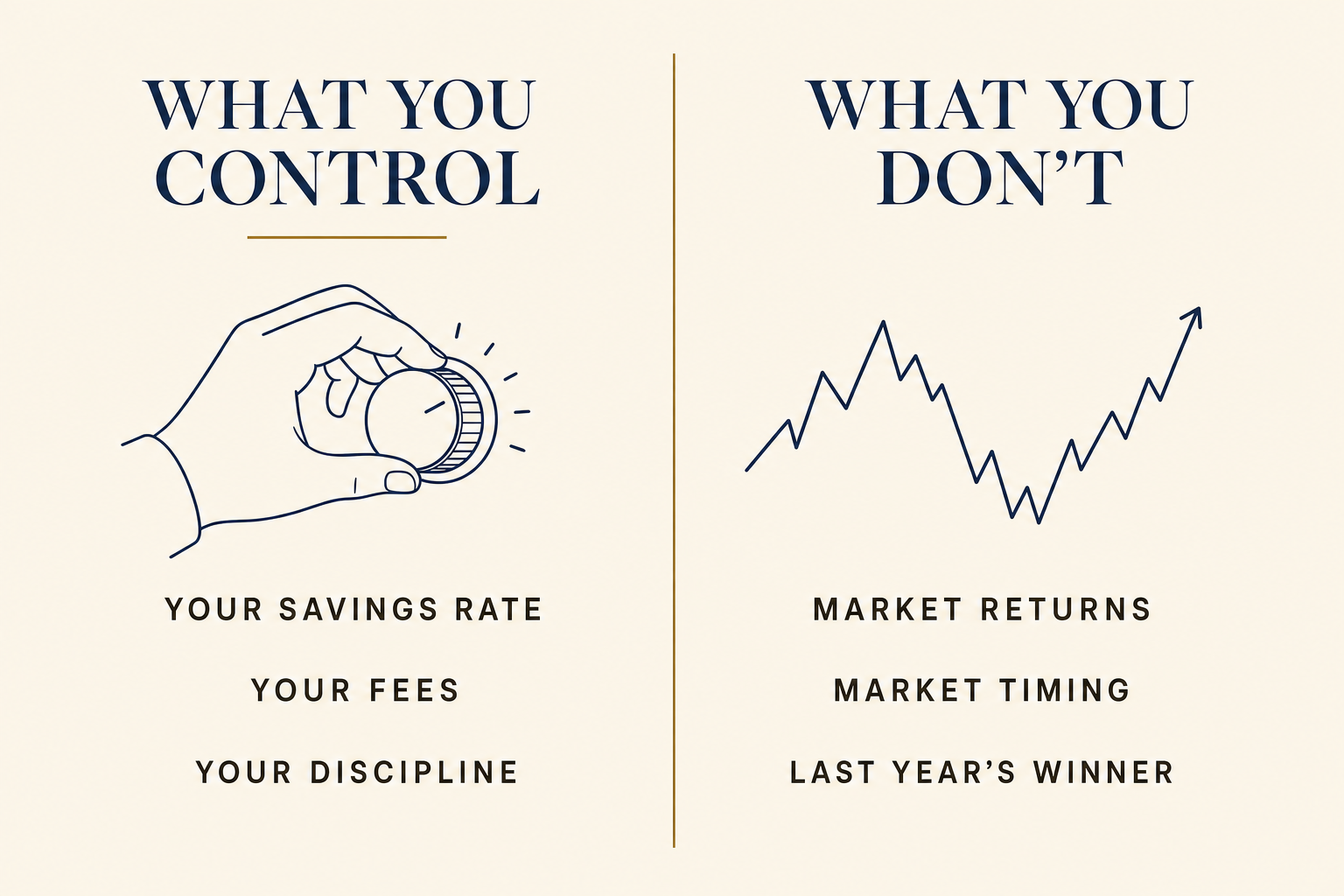 Your Savings Rate Matters More Than Your Returns 2 Two-column comparison: what you control — your savings rate, your fees, your discipline — versus what you don't control: market returns, market timing, last year's winner.